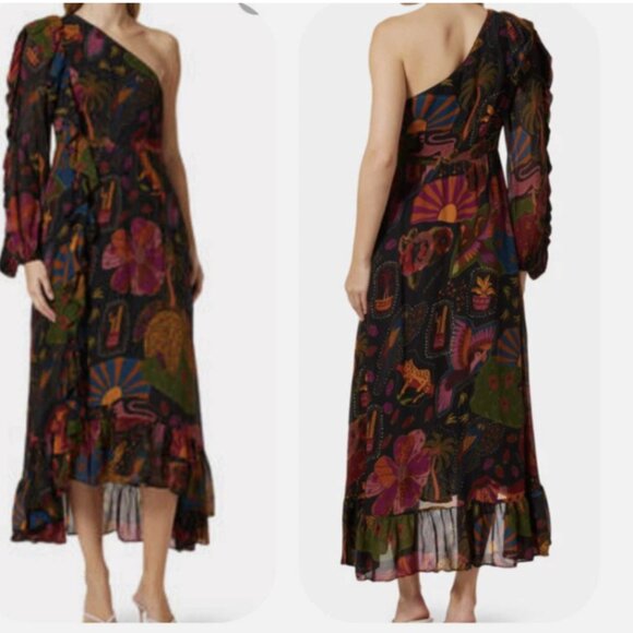 NWT Beautiful Fun Farm Rio Crazy Mix One Shoulder Midi Dress size L Ruffles - Picture 1 of 13